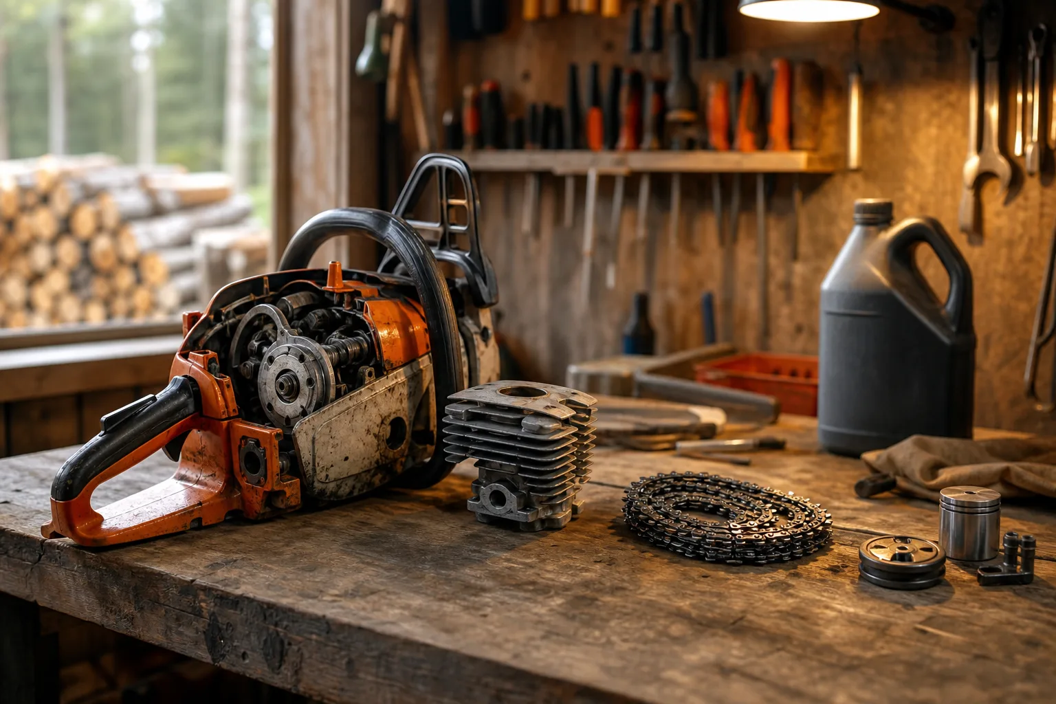 En äldre motorsåg ligger isärplockad på en arbetsbänk bredvid nya reservdelar, cylinder och kedja, under en avvägning mellan reparation och nyköp