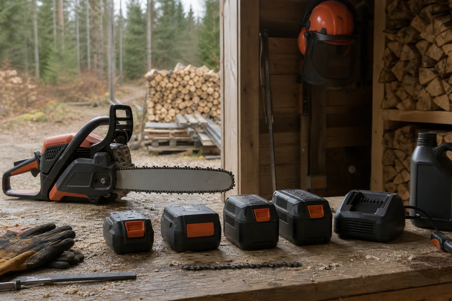 Ett par batterier till motorsåg och en laddare ligger uppradade på en verkstadsbänk bredvid en avstängd batterisåg.