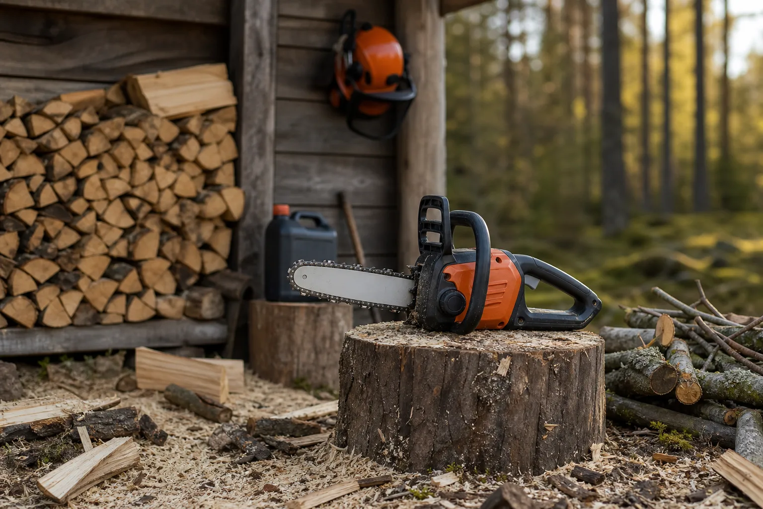 En liten avstängd batterimotorsåg står på en huggkubbe bredvid en nykluven vedstapel vid en vedbod.