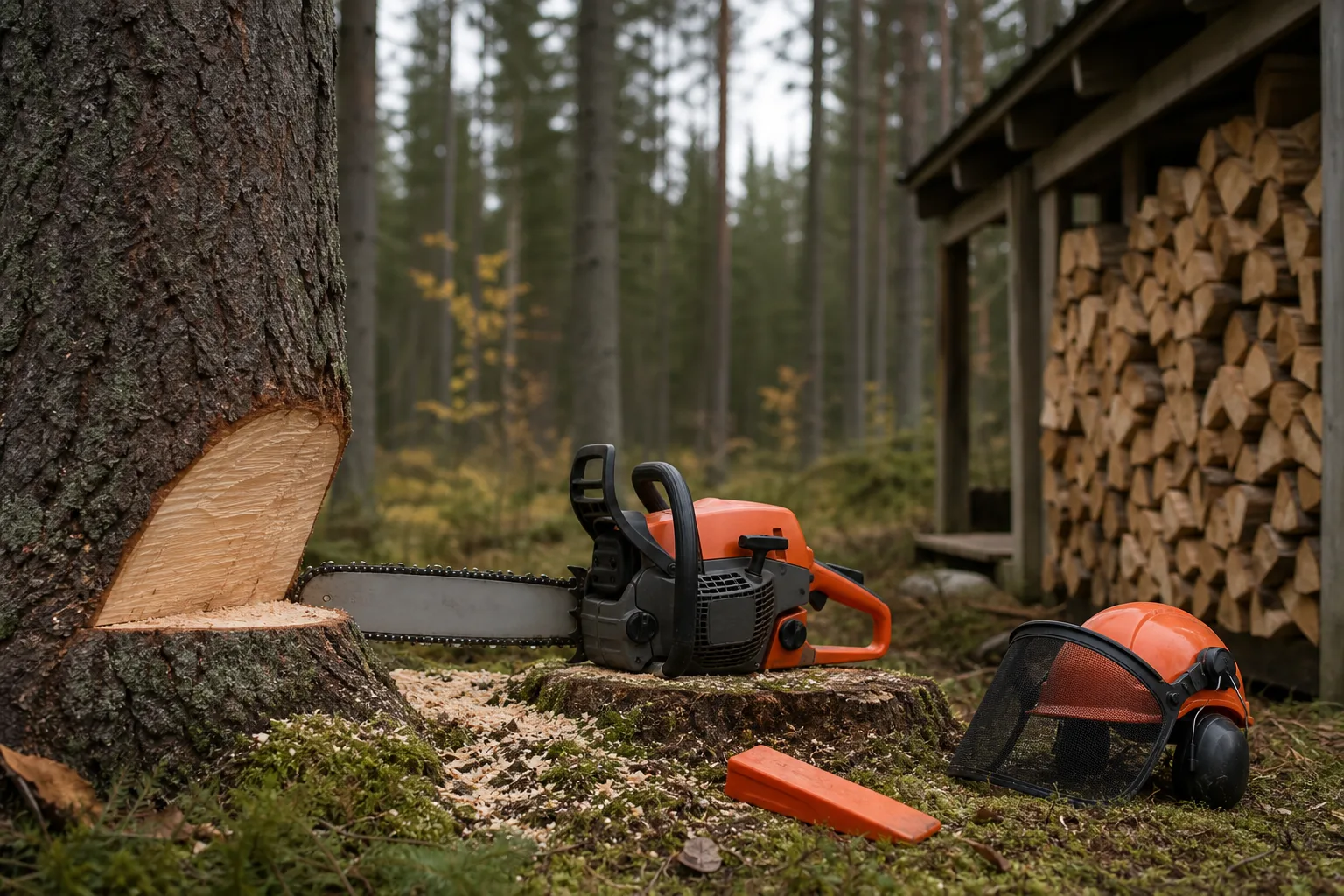 Motorsåg med riktskäret sågat i en granstam ute i skogen, med fällkil och hjälm liggande på marken bredvid