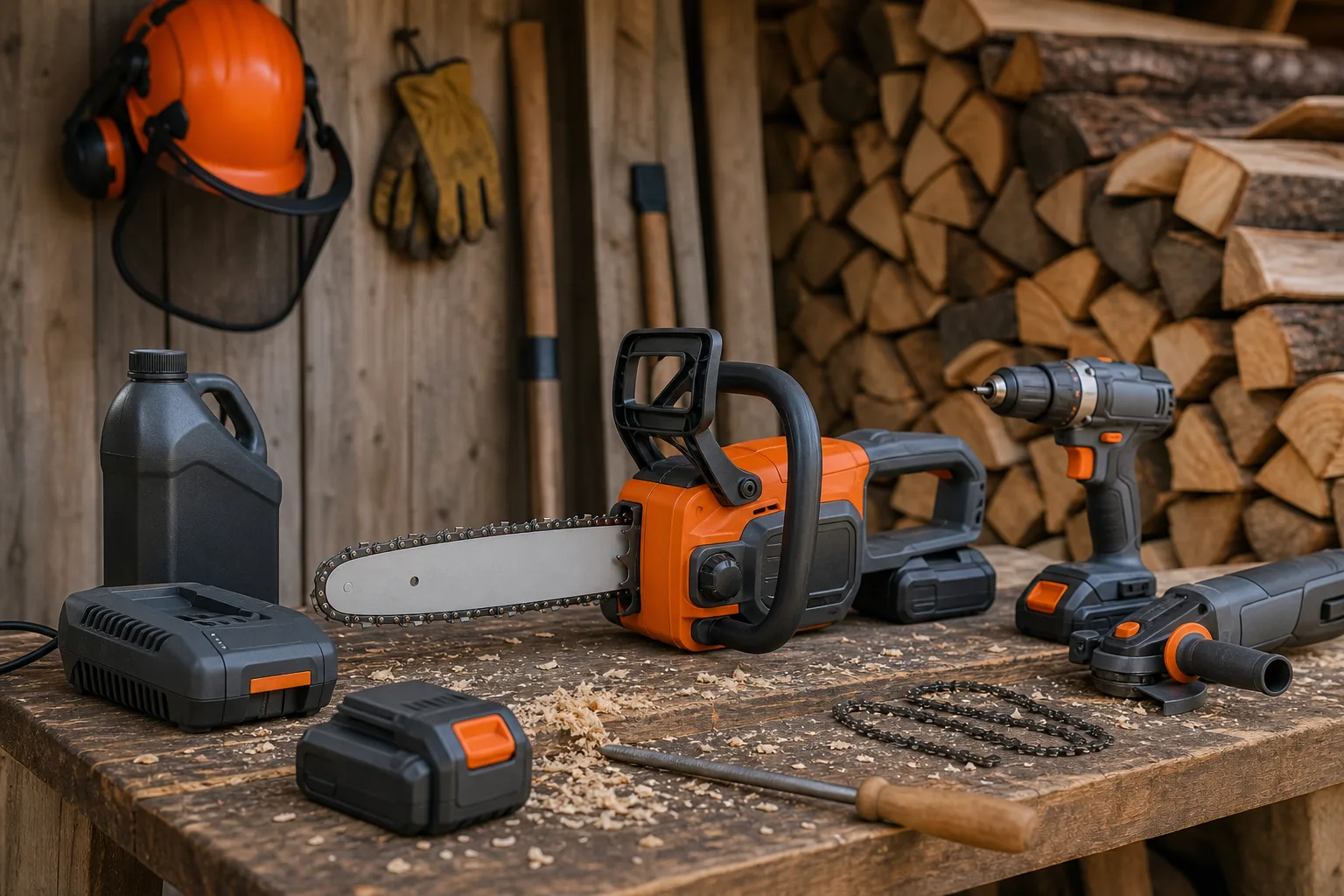 Ett batteripaket och en laddare står bredvid flera olika sladdlösa handverktyg på en verkstadsbänk